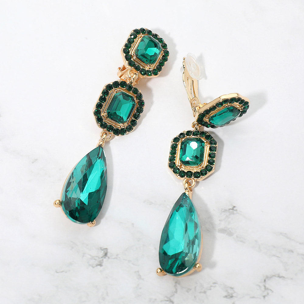 Square Halo Teardrop Stone Cluster Link Drop Evening Clip On Earrings