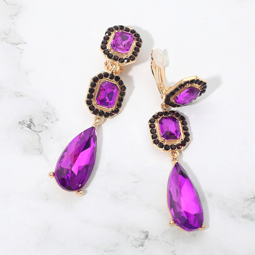 Square Halo Teardrop Stone Cluster Link Drop Evening Clip On Earrings