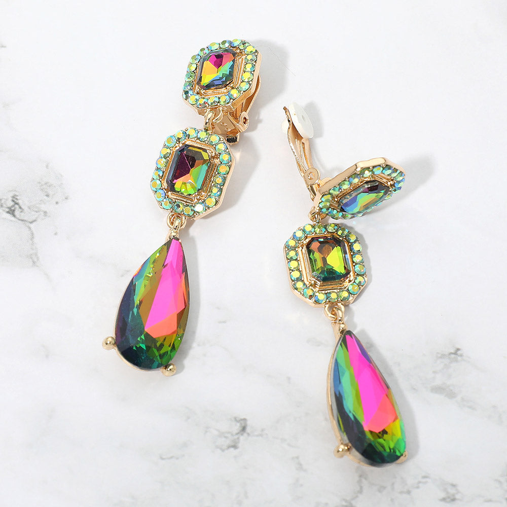 Square Halo Teardrop Stone Cluster Link Drop Evening Clip On Earrings