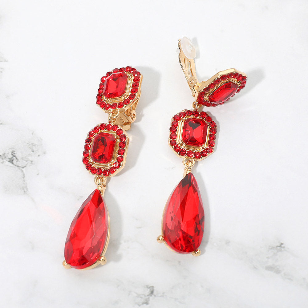 Square Halo Teardrop Stone Cluster Link Drop Evening Clip On Earrings