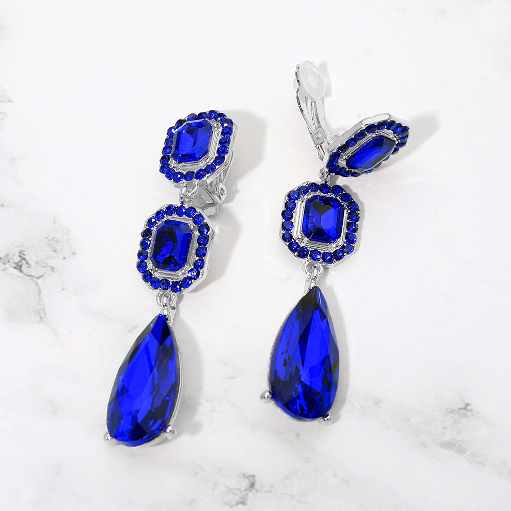 Square Halo Teardrop Stone Cluster Link Drop Evening Clip On Earrings