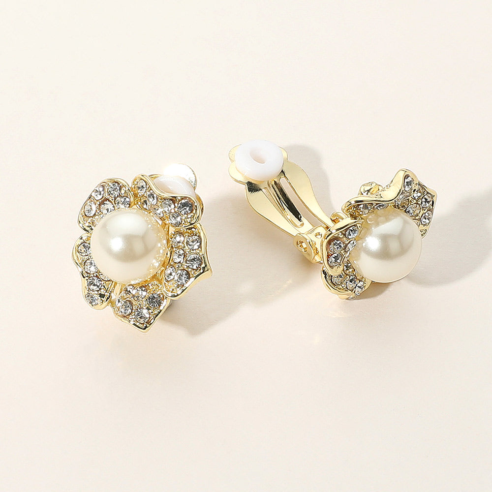 Rhinestone Paved Flower Pearl Clip On Earrings