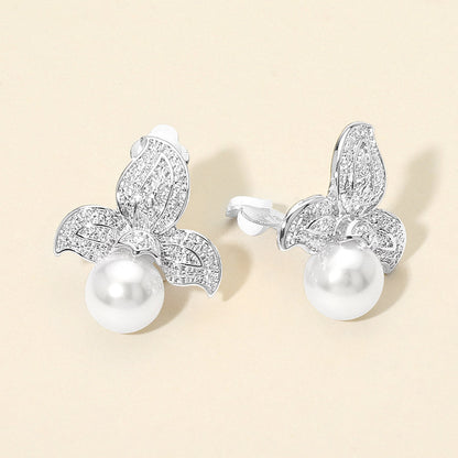 Textured Metal Floral Pearl Drop Clip On Earrings