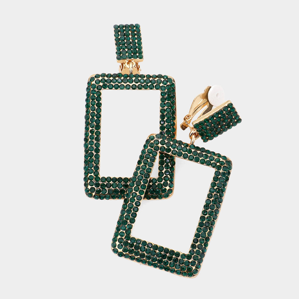 Rhinestone Embellished Open Rectangle Dangle Evening Earrings
