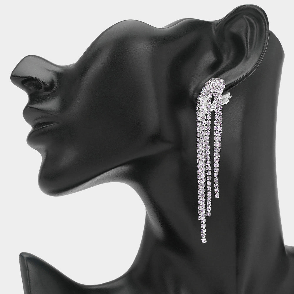 Crystal Rhinestone Long Fringe Clip on Earrings