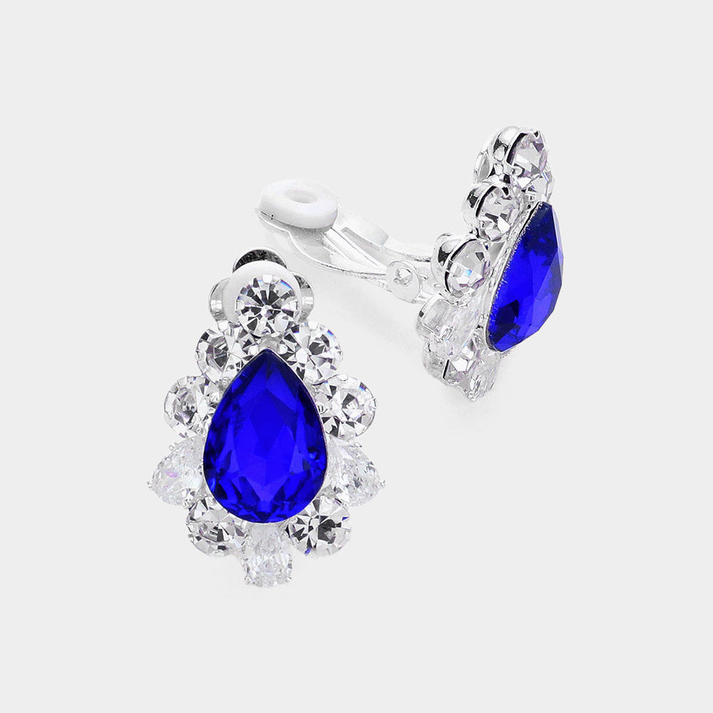 Teardrop Centered Bubble Stone Trimmed Clip on Earrings