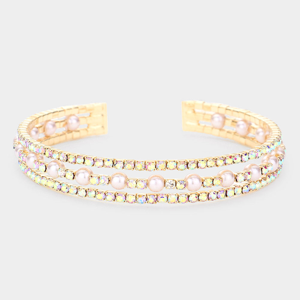 Pearl Accented Split Rhinestone Cuff Evening Bracelet