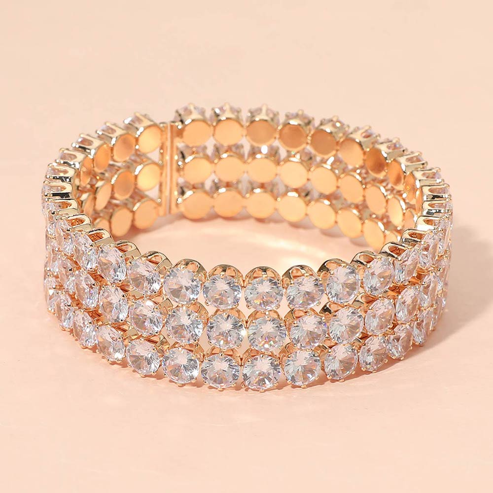 Triple Row Round Stone Cuff Bracelet