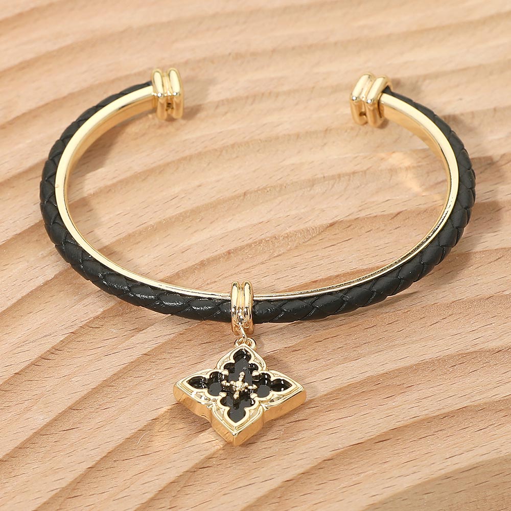 Floral Charm Accent Faux Leather Braided Cuff Bracelet