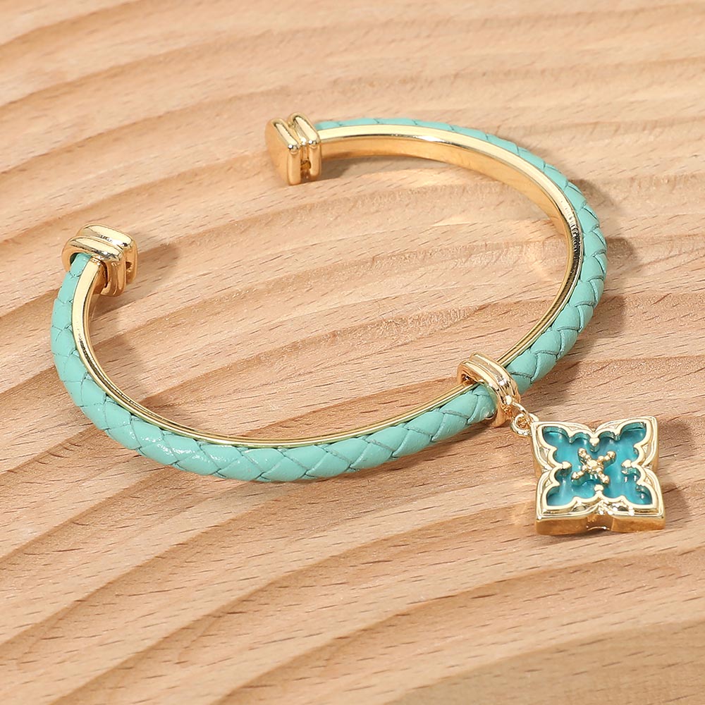 Floral Charm Accent Faux Leather Braided Cuff Bracelet