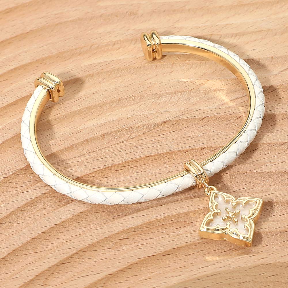Floral Charm Accent Faux Leather Braided Cuff Bracelet