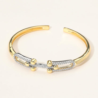 Stone Paved Double Hardware Accent Cuff Bracelet