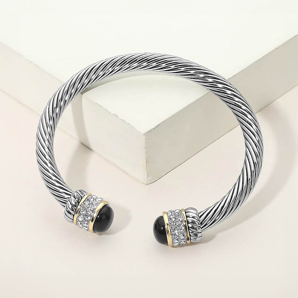 CZ Pave Stone Tip Twisted Cable Cuff Bracelet