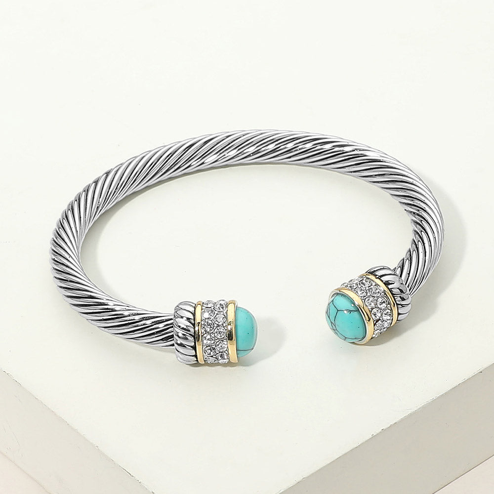 CZ Pave Stone Tip Twisted Cable Cuff Bracelet