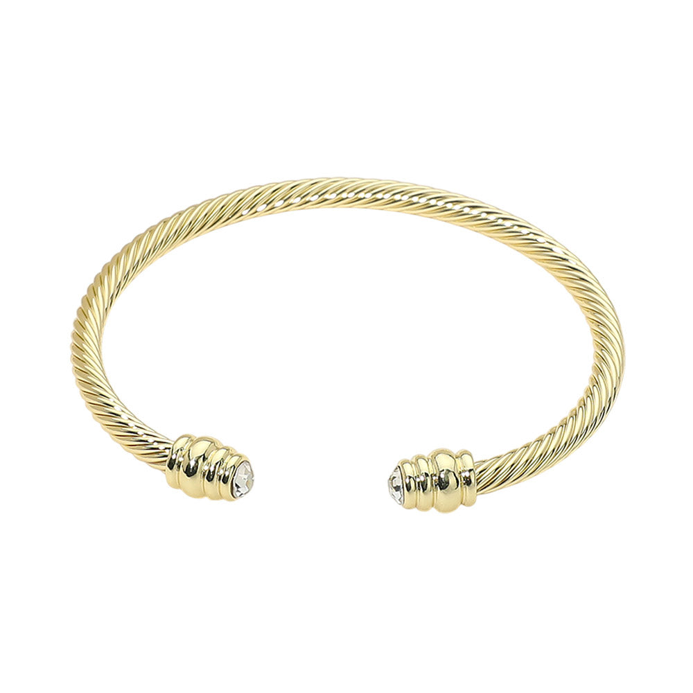 14K Gold Plated CZ Stone Tip Twisted Cable Cuff Bracelet