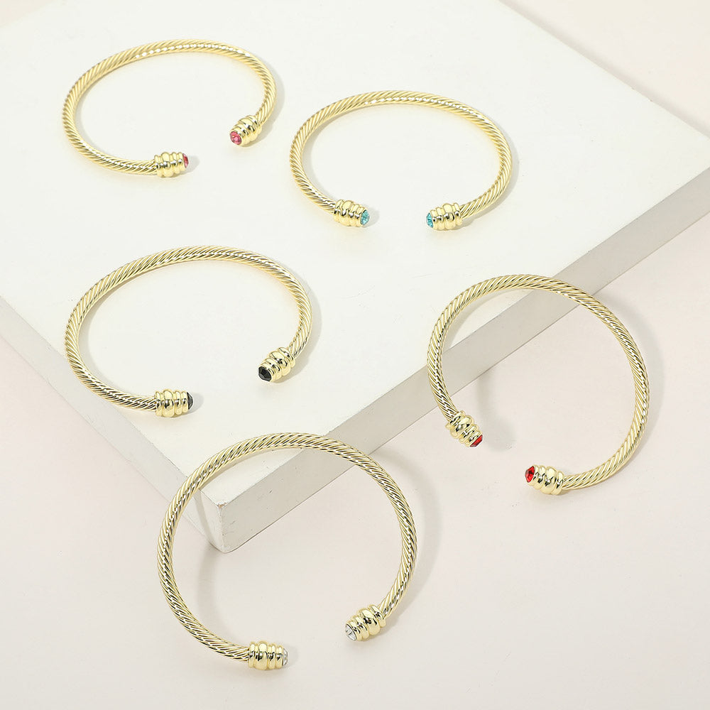 14K Gold Plated CZ Stone Tip Twisted Cable Cuff Bracelet