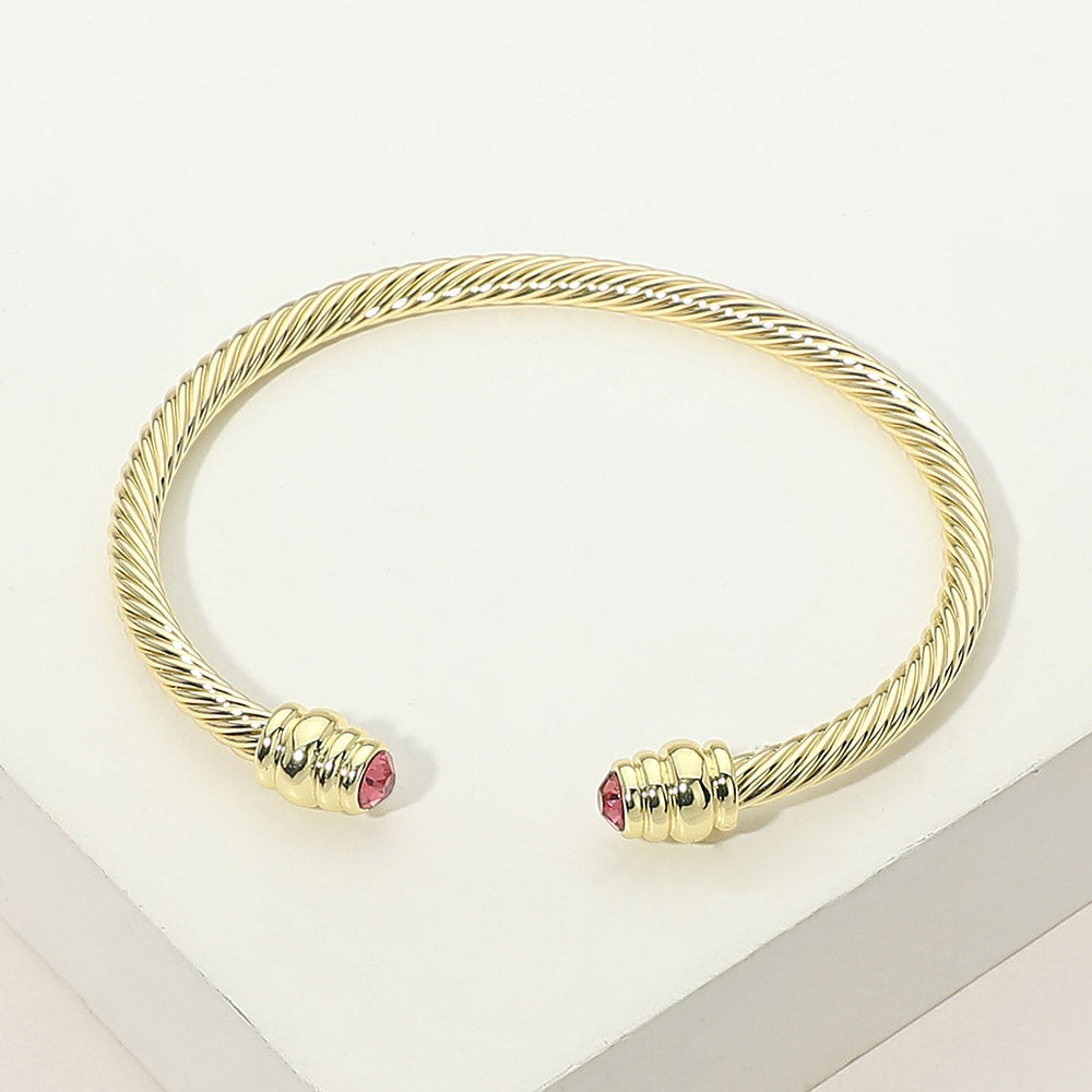 14K Gold Plated CZ Stone Tip Twisted Cable Cuff Bracelet