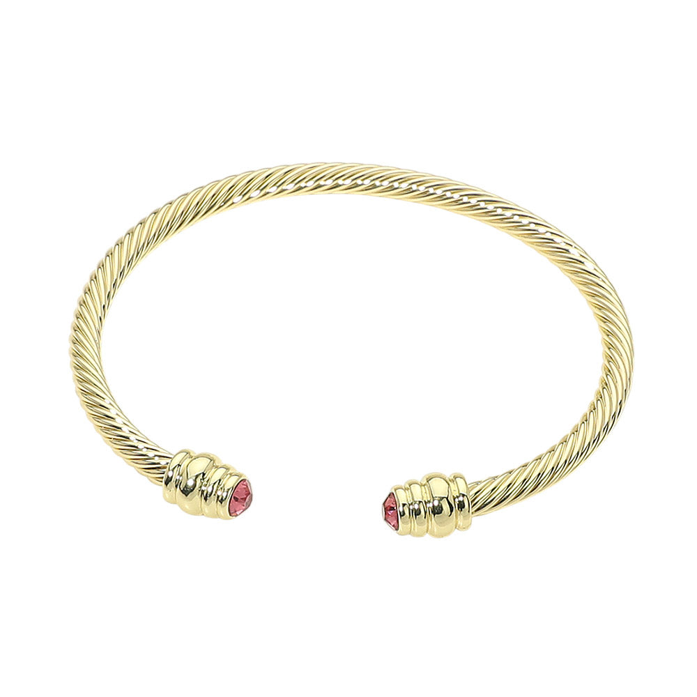 14K Gold Plated CZ Stone Tip Twisted Cable Cuff Bracelet