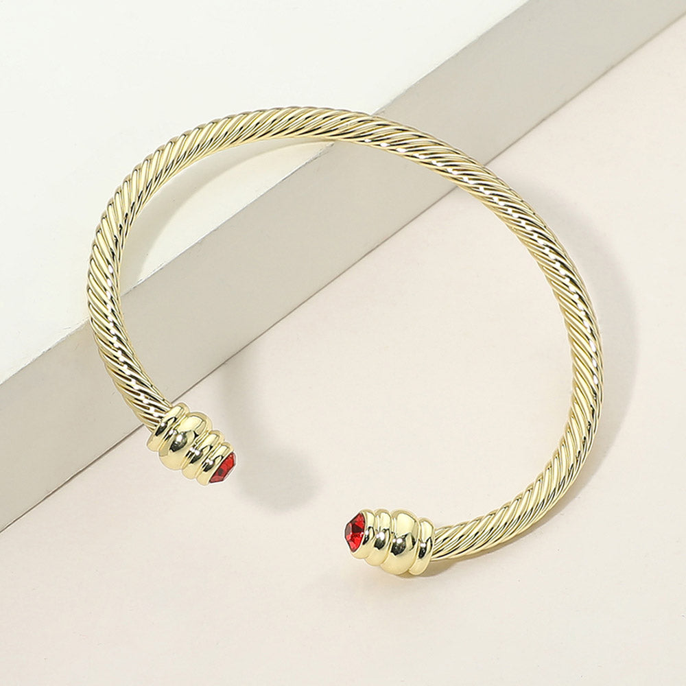 14K Gold Plated CZ Stone Tip Twisted Cable Cuff Bracelet