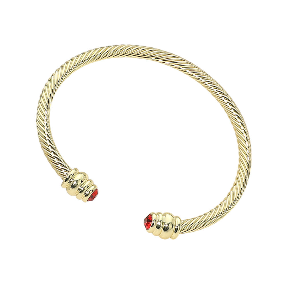 14K Gold Plated CZ Stone Tip Twisted Cable Cuff Bracelet