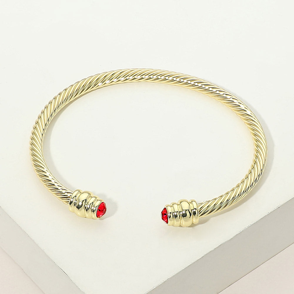 14K Gold Plated CZ Stone Tip Twisted Cable Cuff Bracelet
