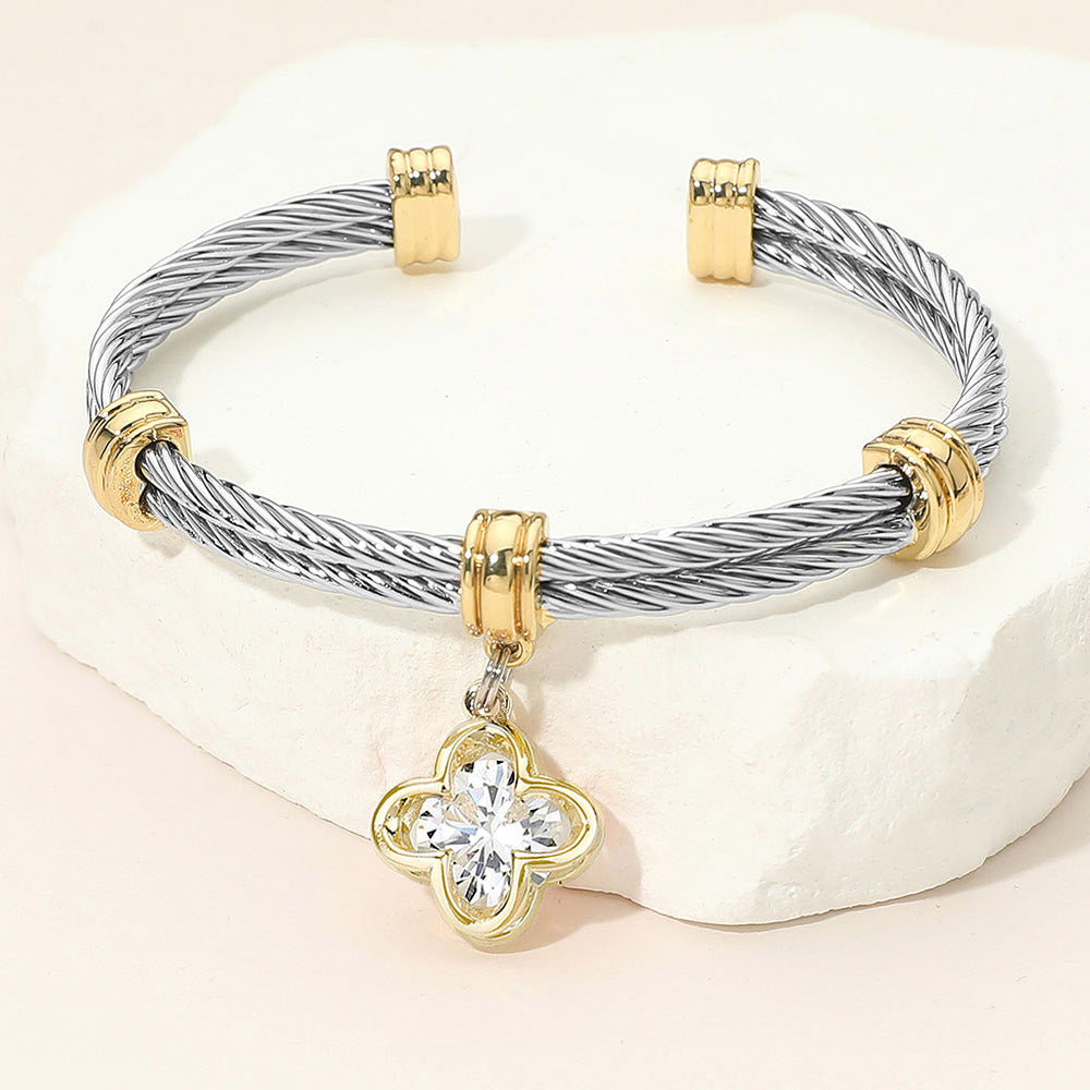 CZ Stone Quatrefoil Charm Dangle Cuff Bracelet