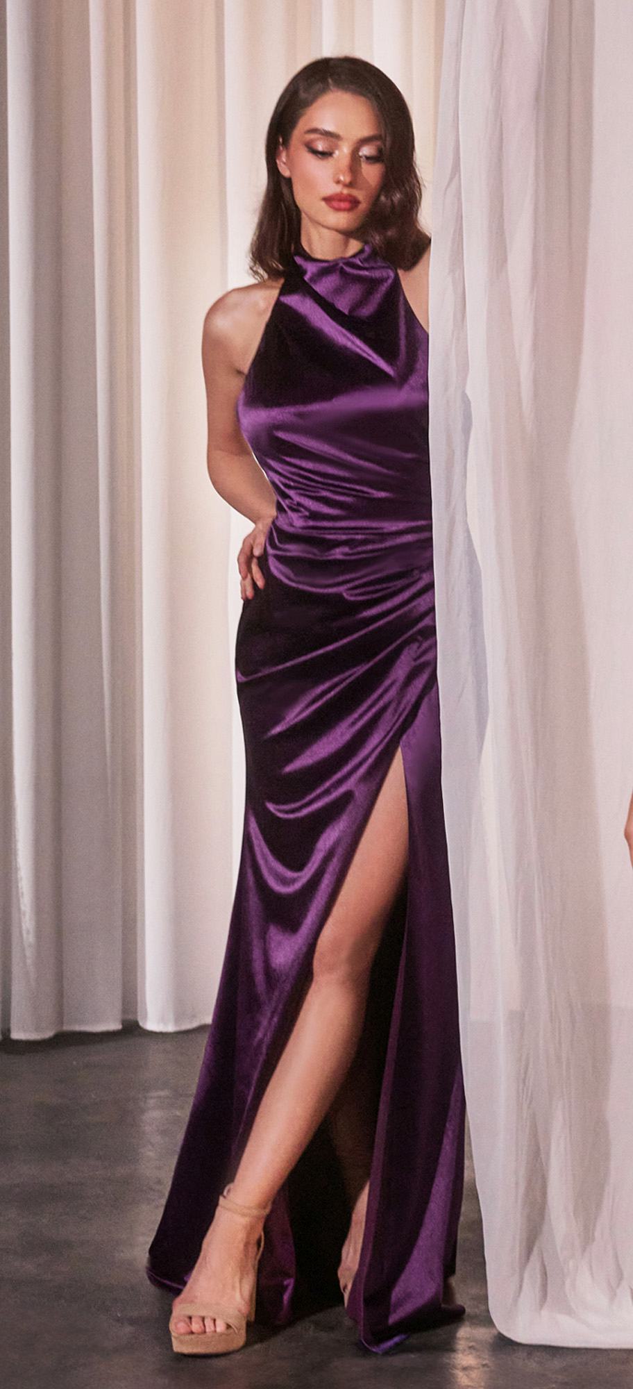 Vestido largo formal de satén ajustado con cuello halter CH031 Ladivine