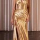 Vestido largo de noche Ladivine CH048 con cuello en V, halter, entallado, de satén con corsé en la cintura