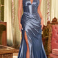 Vestido largo de noche Ladivine CH048 con cuello en V, halter, entallado, de satén con corsé en la cintura