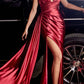 Ladivine CH079 Floor Length Fitted Halter Satin Gown Leg Slit Side Sash