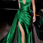 Ladivine CH079 Floor Length Fitted Halter Satin Gown Leg Slit Side Sash