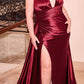 Ladivine CH079 Floor Length Fitted Halter Satin Gown Leg Slit Side Sash
