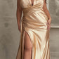 Ladivine CH079 Floor Length Fitted Halter Satin Gown Leg Slit Side Sash