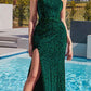 Cinderella Divine CH111 Long One Shoulder Velvet Sequin Gown with Slit