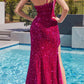 Cinderella Divine CH111 Long One Shoulder Velvet Sequin Gown with Slit