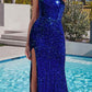 Cinderella Divine CH111 Long One Shoulder Velvet Sequin Gown with Slit