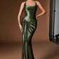 Ladivine CH2604 Square Neck Satin Fitted Evening Gown with Draped Waist