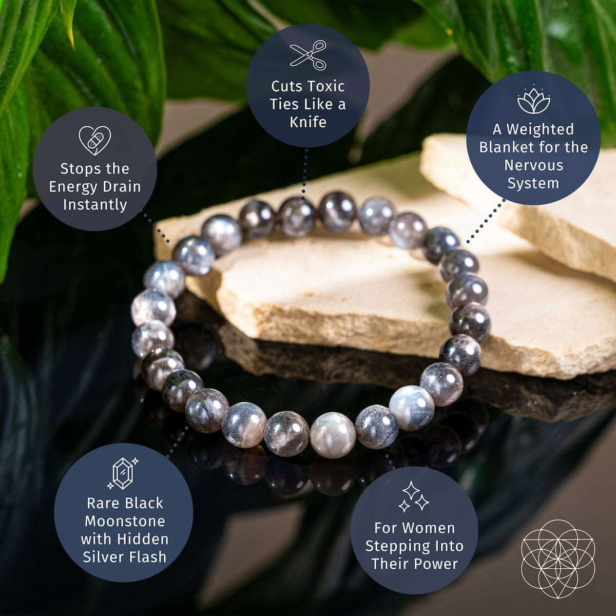 El cortador de cordones del empático – Pulsera de piedra lunar negra