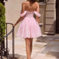 Vestido corto de tul con purpurina y hombros descubiertos Ladivine CJ420 con espalda de corsé