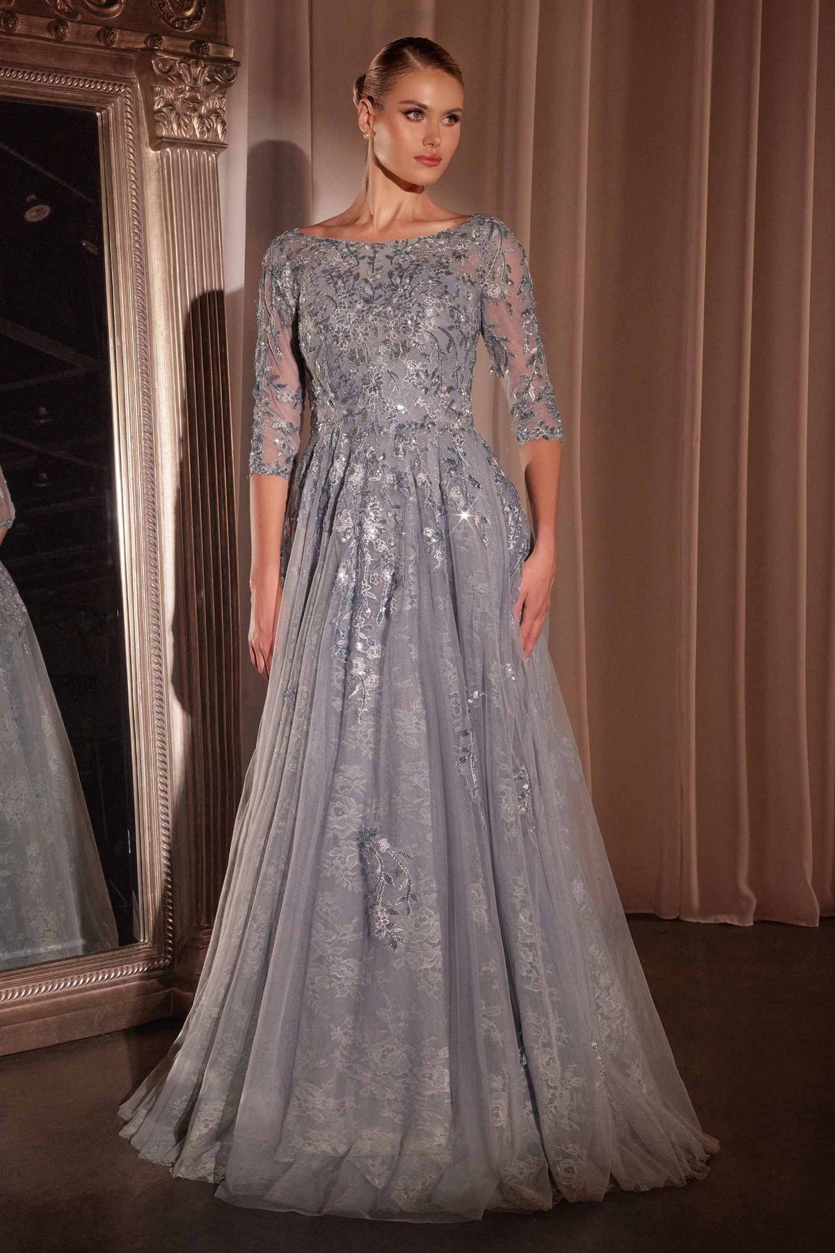 Ladivine CK2401 Vestido de Madrina Modesto con Encaje y Tul de Corte A