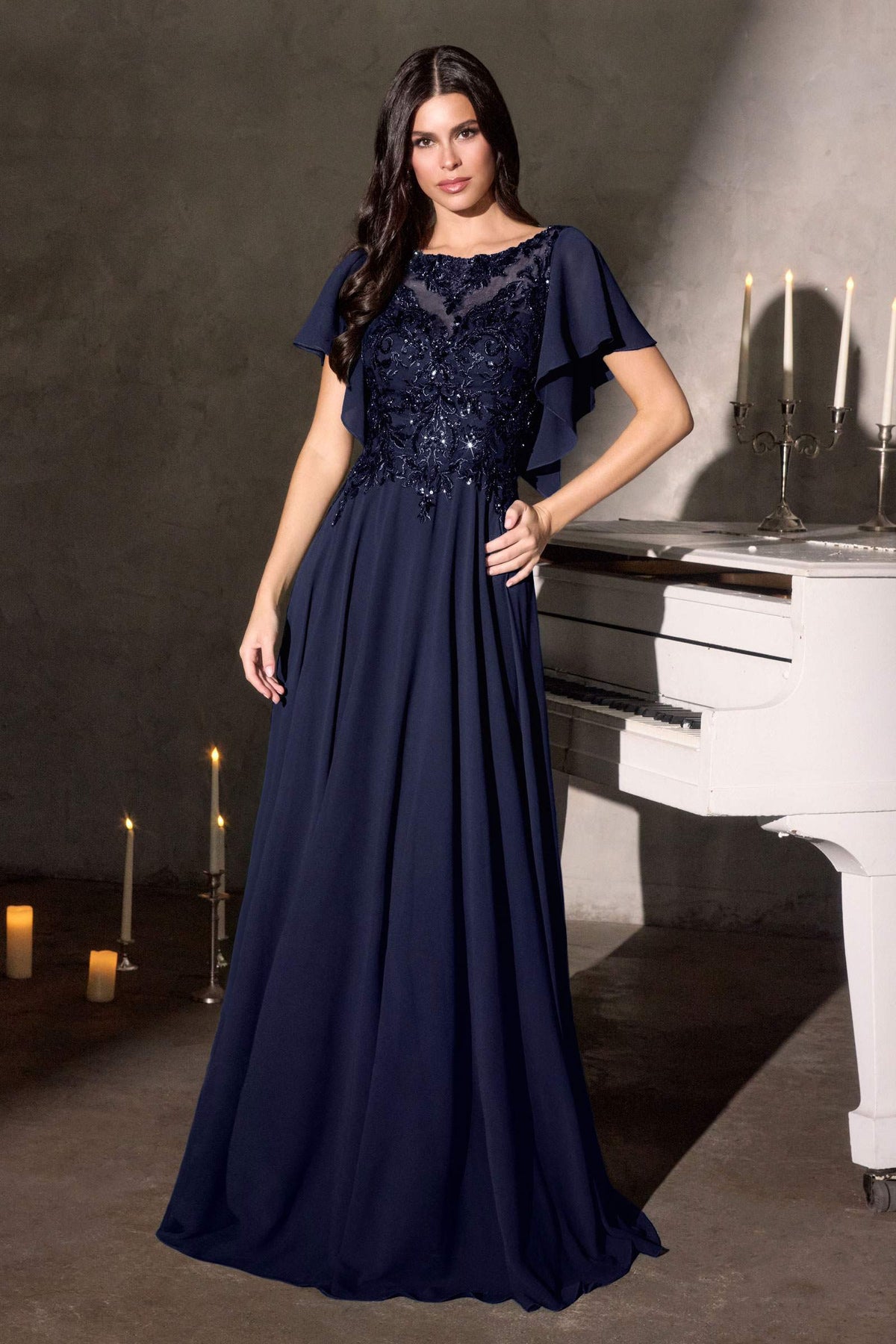Ladivine CL09 Vestido de gasa con mangas mariposa, escote ilusión y corte en A