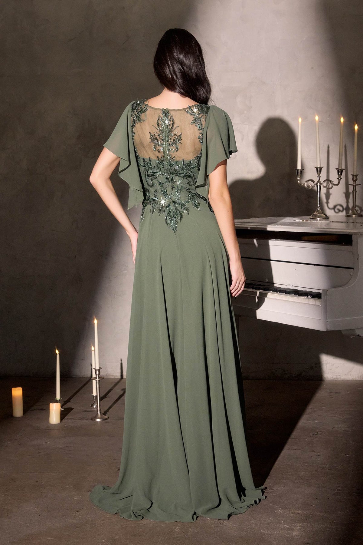 Ladivine CL09 Vestido de gasa con mangas mariposa, escote ilusión y corte en A