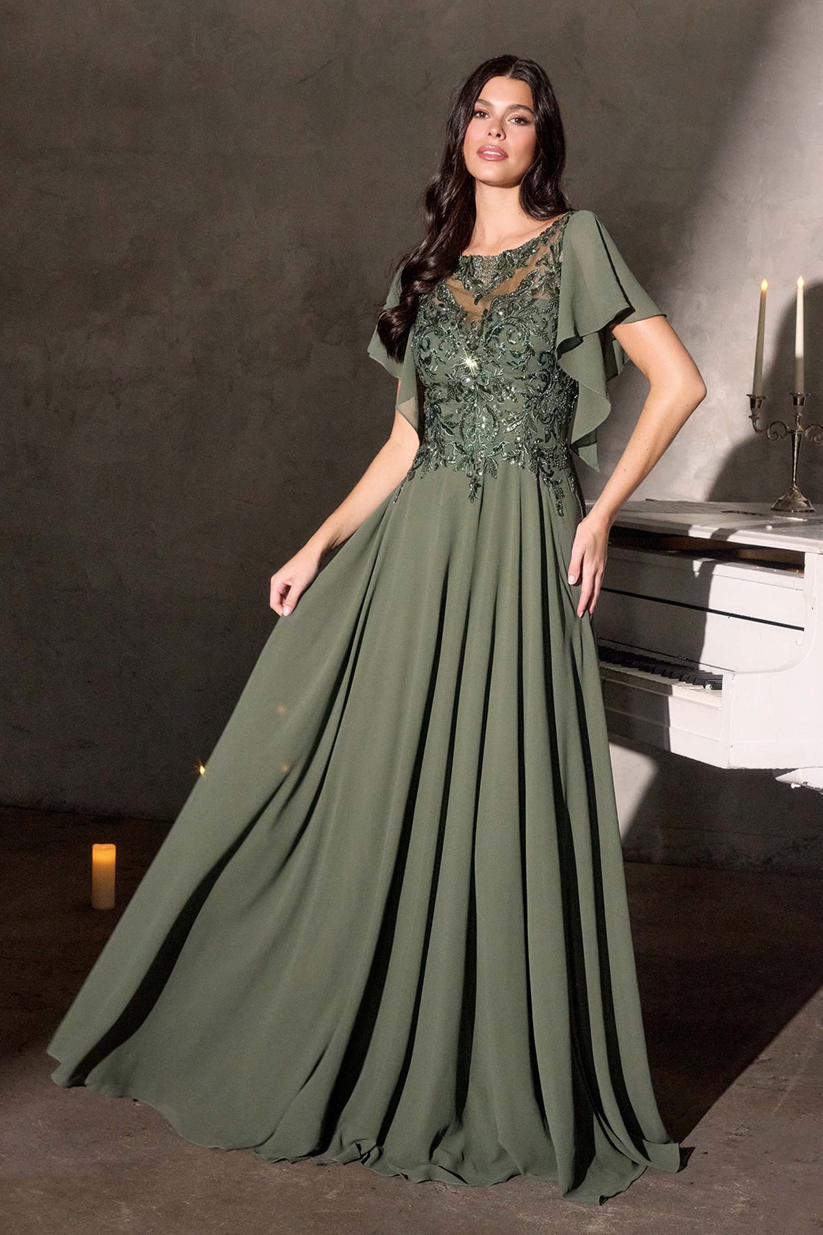 Ladivine CL09 Vestido de gasa con mangas mariposa, escote ilusión y corte en A