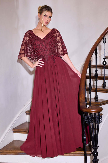 Ladivine CL10 Vestido largo de cuello en V con corpiño de encaje y línea A para Madre de la Novia