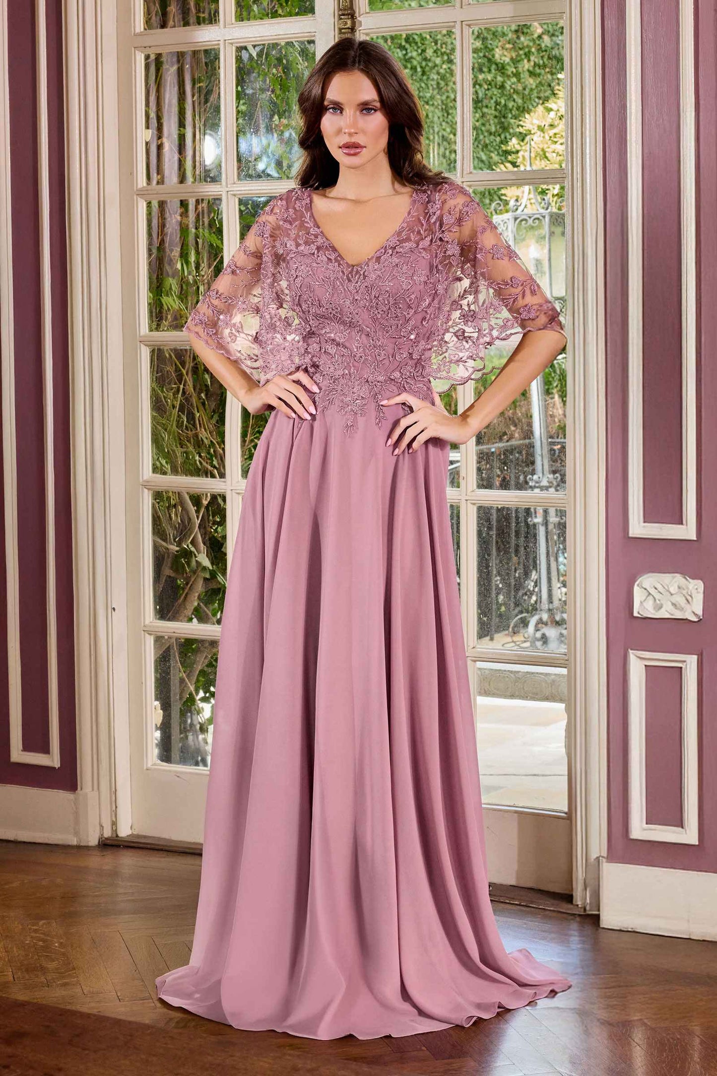 Ladivine CL10 Vestido largo de cuello en V con corpiño de encaje y línea A para Madre de la Novia