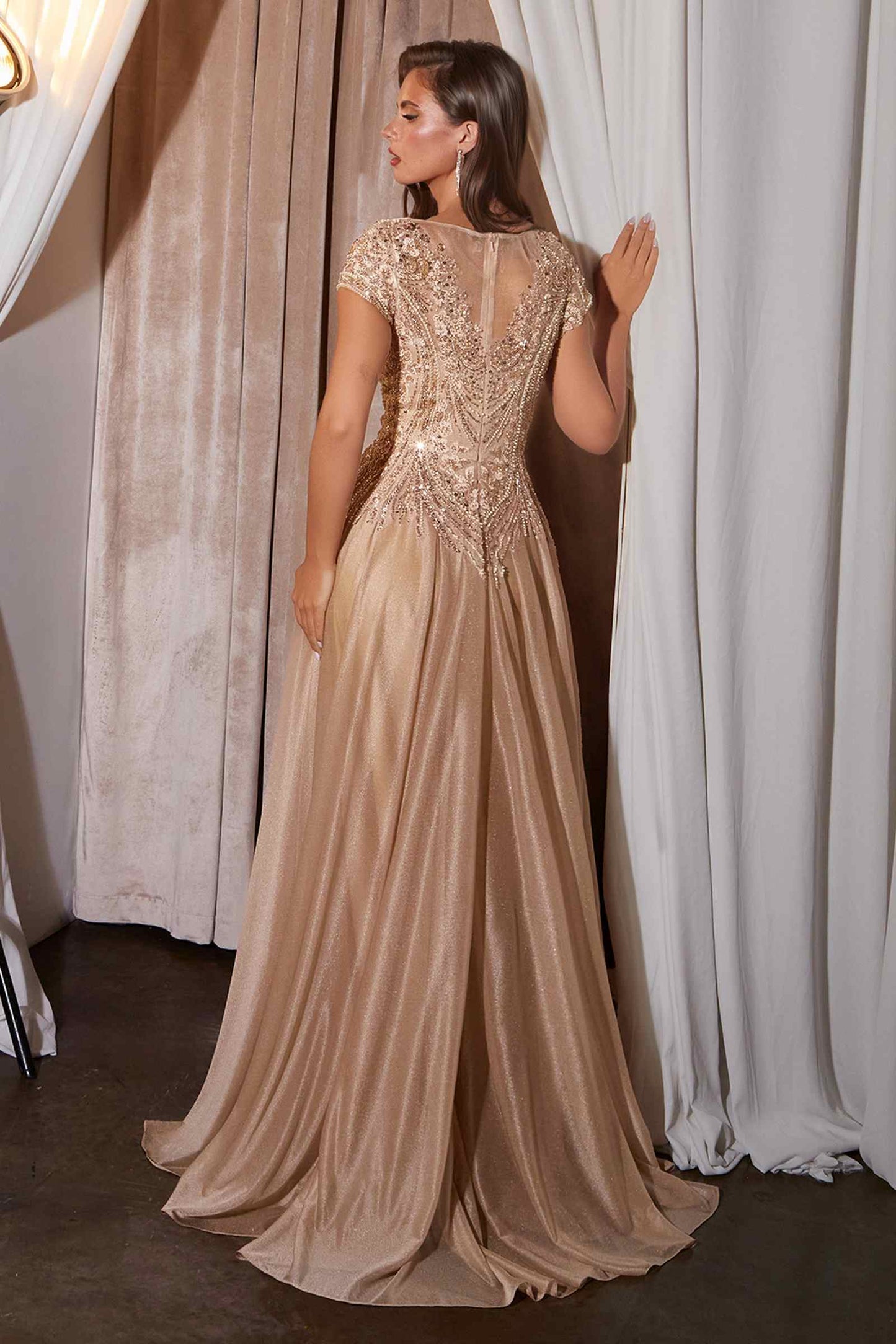 Vestido formal de corte A con mangas casquillo y cuentas doradas CL11 Ladivine