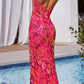 Ladivine CM350 Vestido Largo de Noche Ajustado con Estampado Floral y Lentejuelas