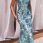 Ladivine CM350 Vestido Largo de Noche Ajustado con Estampado Floral y Lentejuelas