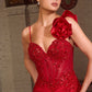 Vestido de Noche Ladivine CM386 Esculpido Floral con Corsé en los Hombros