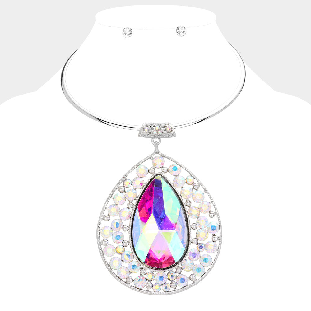 Teardrop Centered Bubble Stone Cluster Choker Evening Necklace